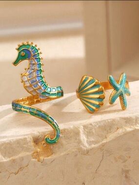 Gold Turquoise Seahorse & Sea Shell Ring Set